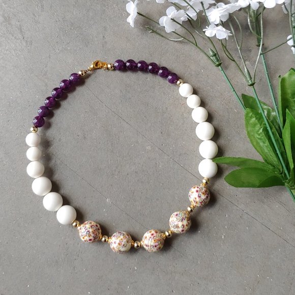 Twine and Stones Jewelry - Handmade Purple and White Round Beaded Choker Necklace
